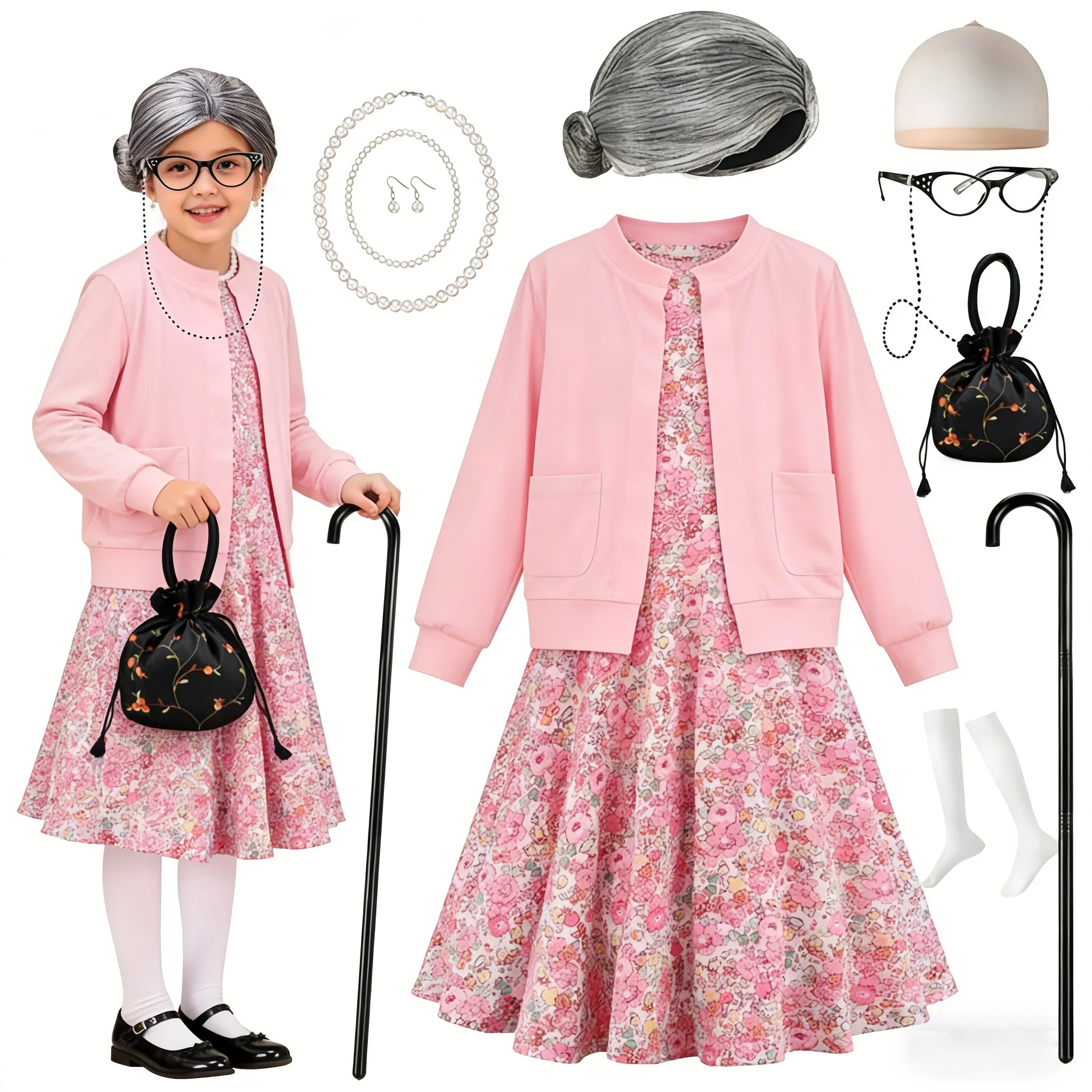 Girl 100Days of School Grandma Costume Set For 3-12yr Girls Old women Costume and Accessories Carnival Dress up Fancy Outfit