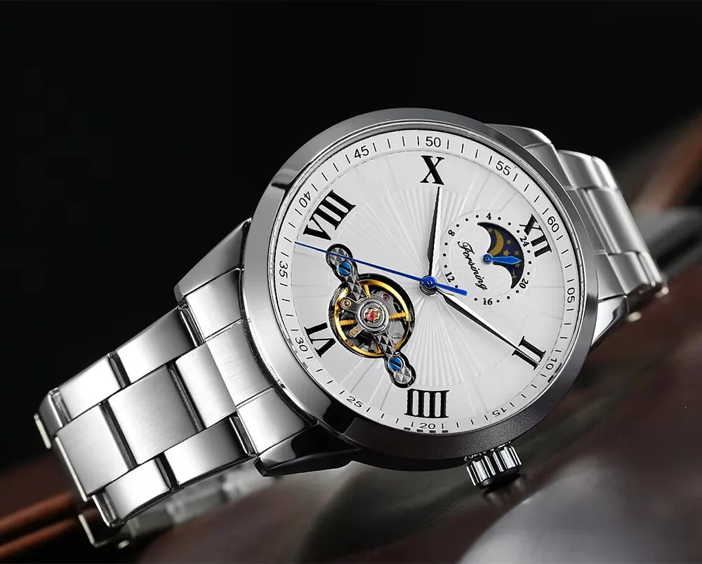Forsining Men's Automatic Tourbillon Moon Phase Mechanical Watch Stainless Steel 3ATM Waterproof Luxury Design Business Style