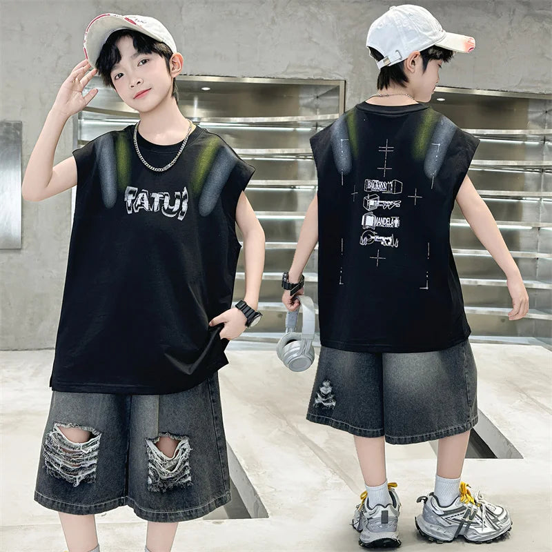 Junior Boys Summer Suit Children's Fashion Sleeveless Vest and Hole Jeans Shorts Clothing Sets for Kids 5 7 9 11 13 14 Years Old