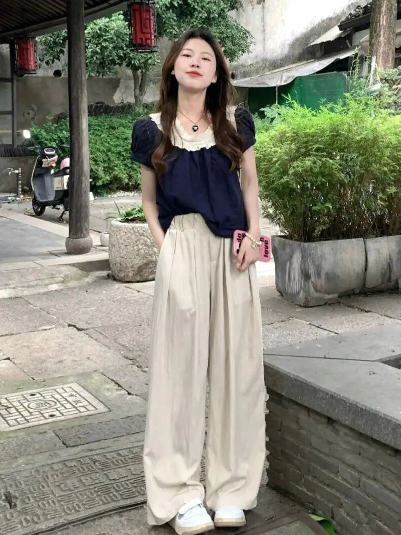 Women Summer 2025 New Short-sleeved Shirt Top High Waist Loose Wide-leg Pants Two-piece Set