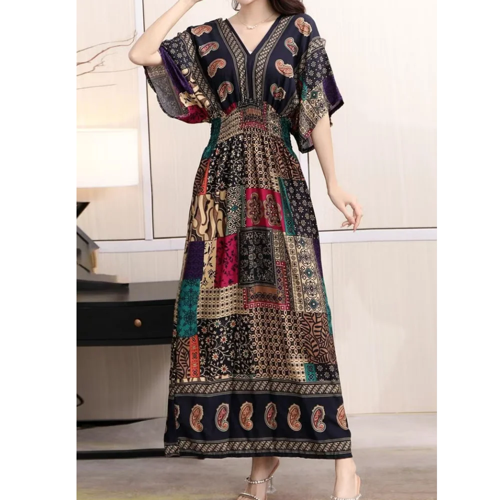 Boho Chic Short Sleeve Dress Slash Neck Elegant Women Dress Vintage Romantic Print Midi Dress Holiday Dress New Clothes Trend