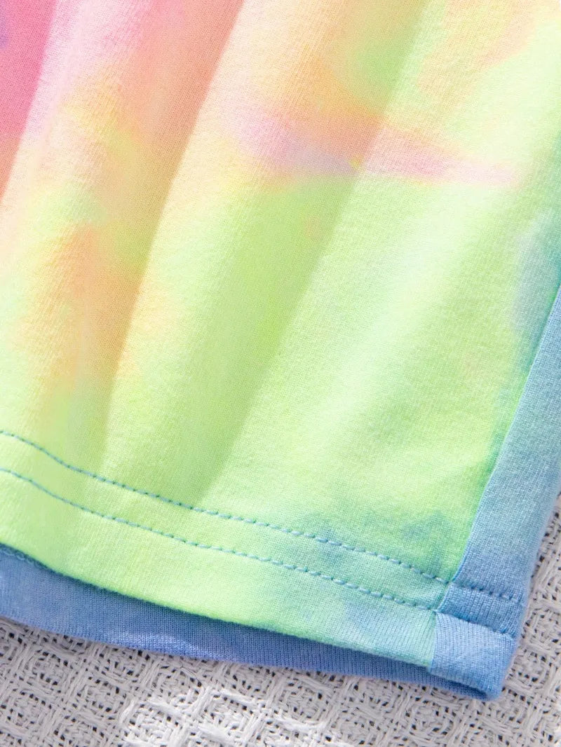 Junior gradient print casual crew neck short sleeve T-shirt and shorts set for summer,