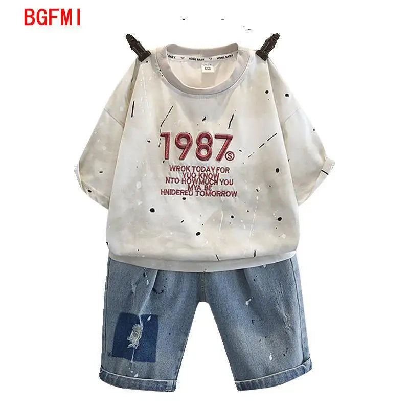 Summer Clothes Junior Boys Outfit Set Kids Outdoor Clothes for Children Letter Short Sleeve T-shirts + Denim Shorts 2 Piece Set