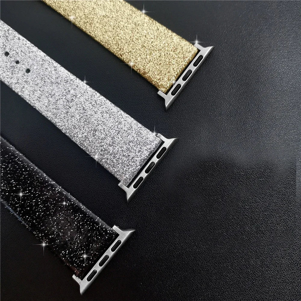 Glitter leather strap For Apple Watch Bands 44mm 40mm Ultra 2 49mm 41mm 42-38-45mm Shiny bracelet iWatch Series 9 8 7 6 5 4 3 SE