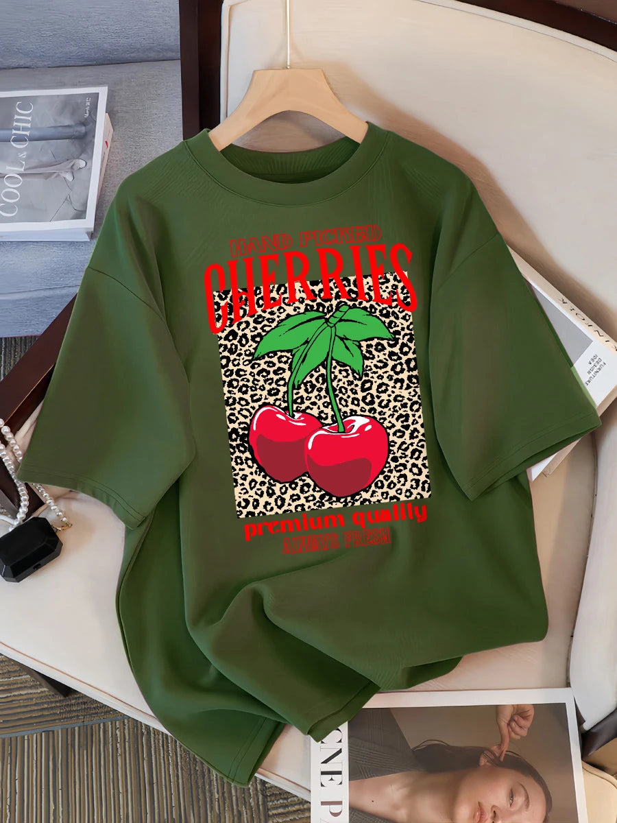 Hand Picked Cherries Always Fresh Printing T-Shirt Women Cotton Crewneck T Shirts Summer Loose Clothes Multicolor Short Sleeve