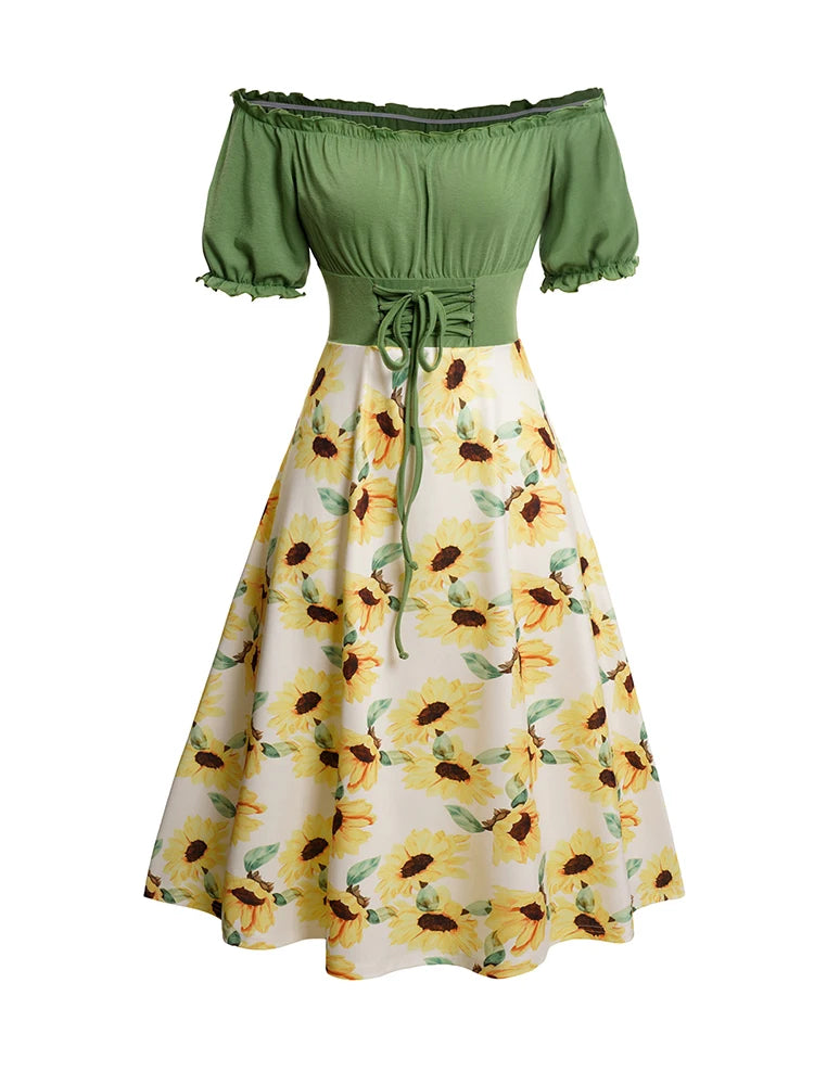 2024 Womens Dresses Sunflower Print Lace Up Ruffle Sleeve Neck Dress Off The Shoulder Summer Casual Dress