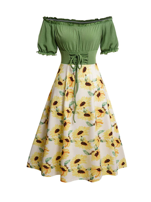 2024 Womens Dresses Sunflower Print Lace Up Ruffle Sleeve Neck Dress Off The Shoulder Summer Casual Dress