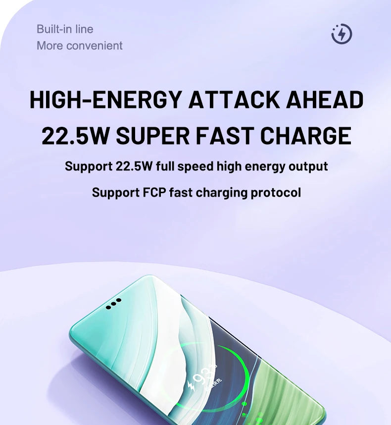 PD22.5W power bank, bidirectional fast charging with 10000mAh cable, large capacity mobile power bank mini ultra-thin power bank