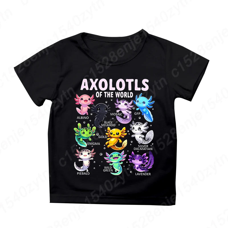Colorful Cartoon Axolotls Graphic Print Tee, Girls' Casual & Comfy Crew Neck Short Sleeve T-shirt For Spring & Summer