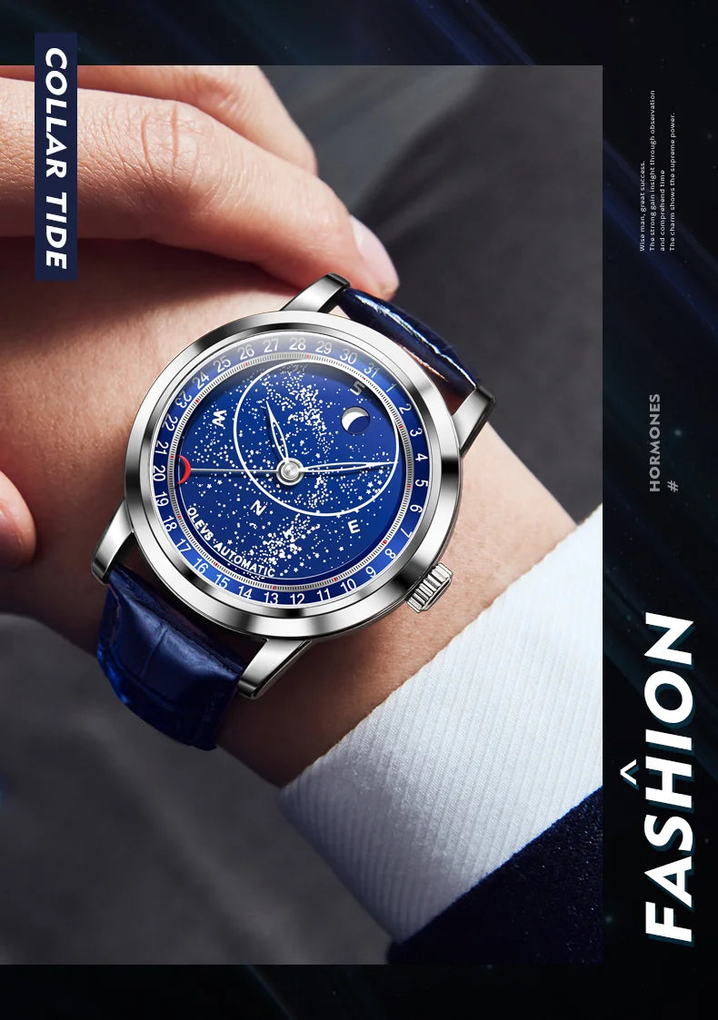 OLEVS 9923 Mens Watch Luxury Original Automatic Mechanical Watch Leather Strap Waterproof Luminous Starry Dial Watch For Men