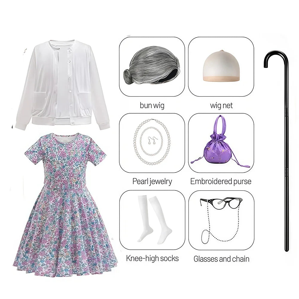 Girl 100Days of School Grandma Costume Set For 3-12yr Girls Old women Costume and Accessories Carnival Dress up Fancy Outfit