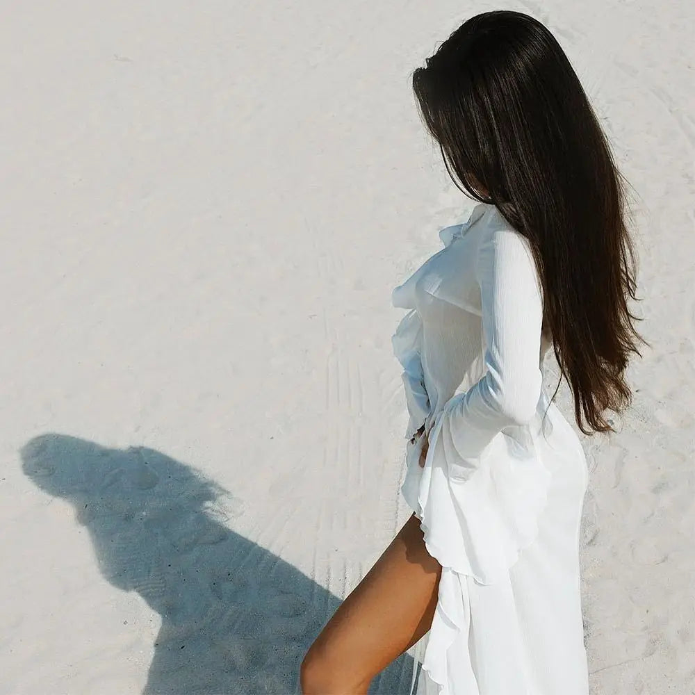 V Neck Summer Beach Cover Up Long Sleeve Ruffled Bikini Sunscreen Smock Vacation Casual Swimsuit Cover Up Dress for Women