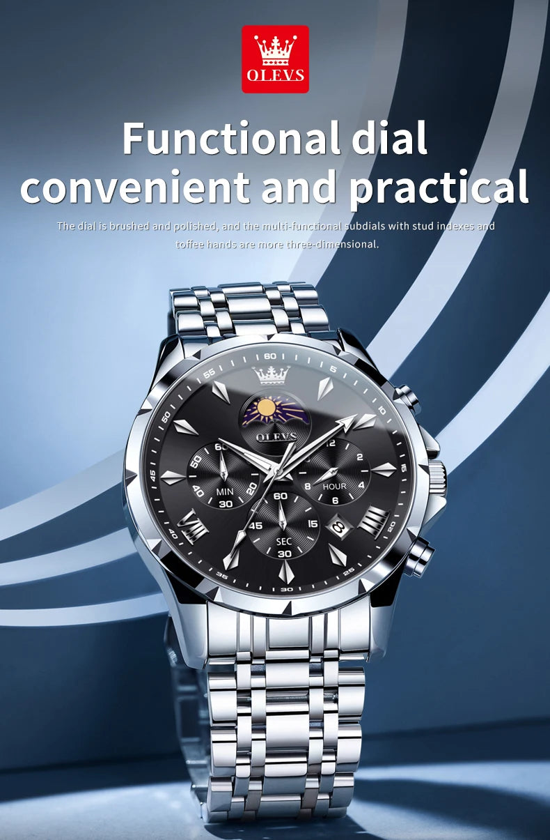 OLEVS 3653 Luminous Chronograph Stainless Steel Quartz Watch for Men Waterproof Sports Calendar Date Wristwatches Reloj Hombre