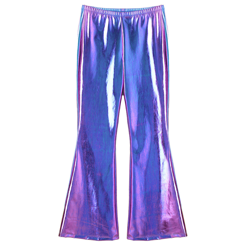 Men Metallic Shiny Flared Pants Retro Disco Costume Elastic Waistband Bell Bottom Trousers Long Pants 70s Party Show Clubwear
