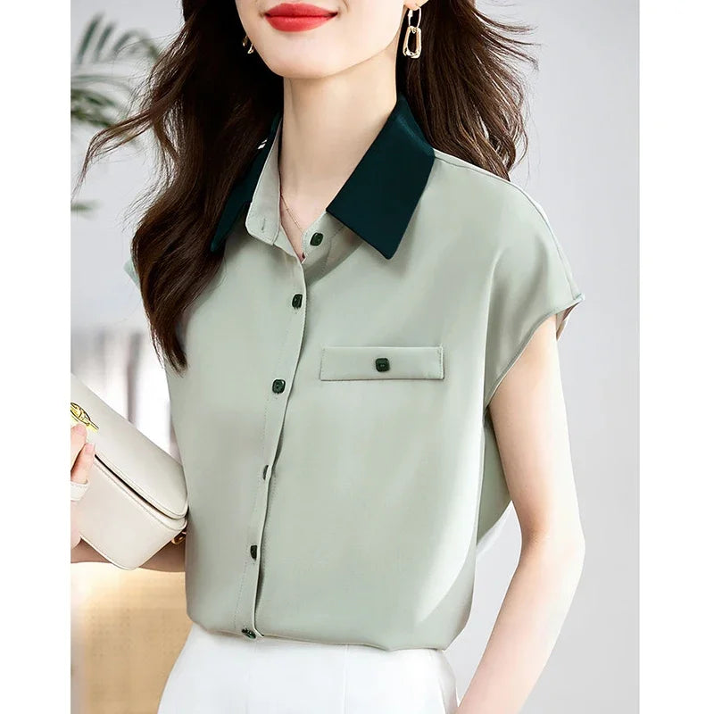 Elegant Lapel Button Spliced All-match Shirt Women's Clothing 2025 Summer New Loose Casual Tops Short Sleeve Office Lady Blouse