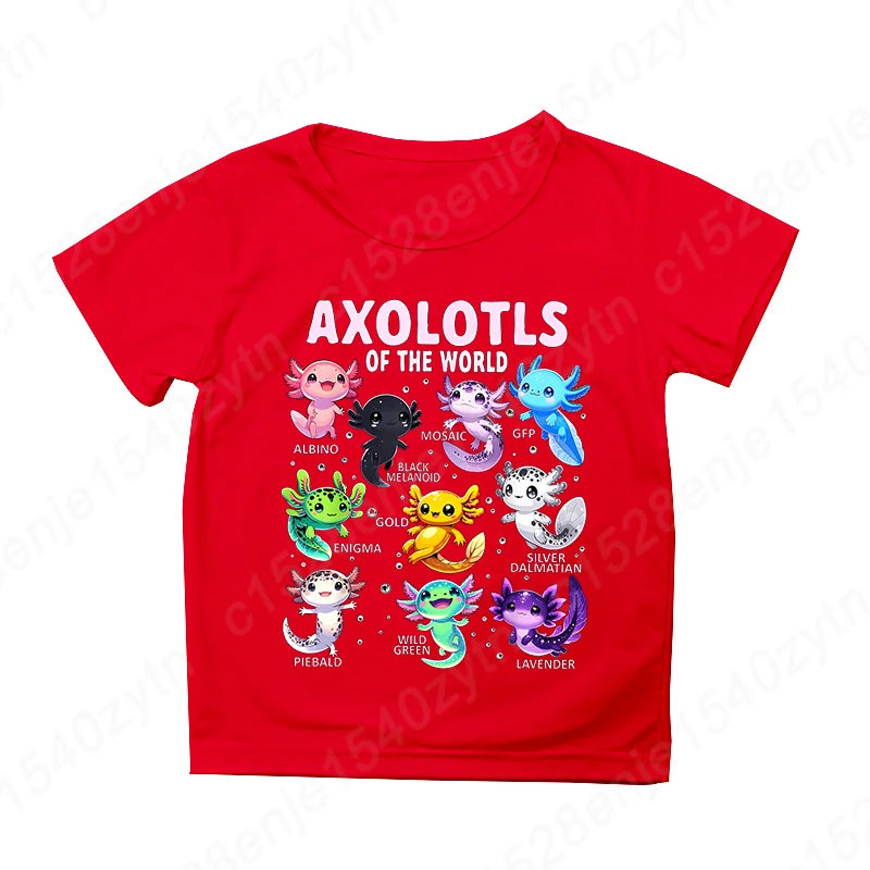 Colorful Cartoon Axolotls Graphic Print Tee, Girls' Casual & Comfy Crew Neck Short Sleeve T-shirt For Spring & Summer
