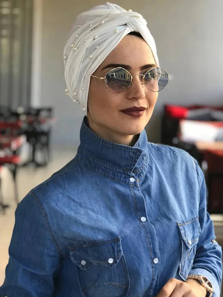 Plain Instant Turban Hat Solid Inner Hijabs Caps Women Pearl Decoration Head Wrap Headband
