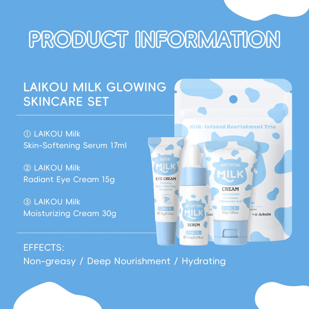Deep Hydration Milk Skincare Set Softening Serum Gentle Eye Cream Radiant Moisturizing Glowing Trio