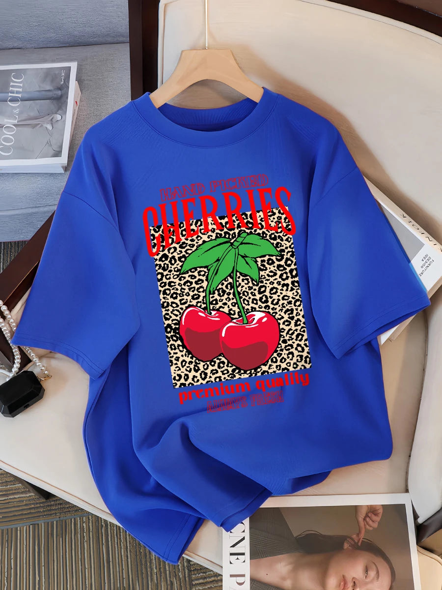 Hand Picked Cherries Always Fresh Printing T-Shirt Women Cotton Crewneck T Shirts Summer Loose Clothes Multicolor Short Sleeve