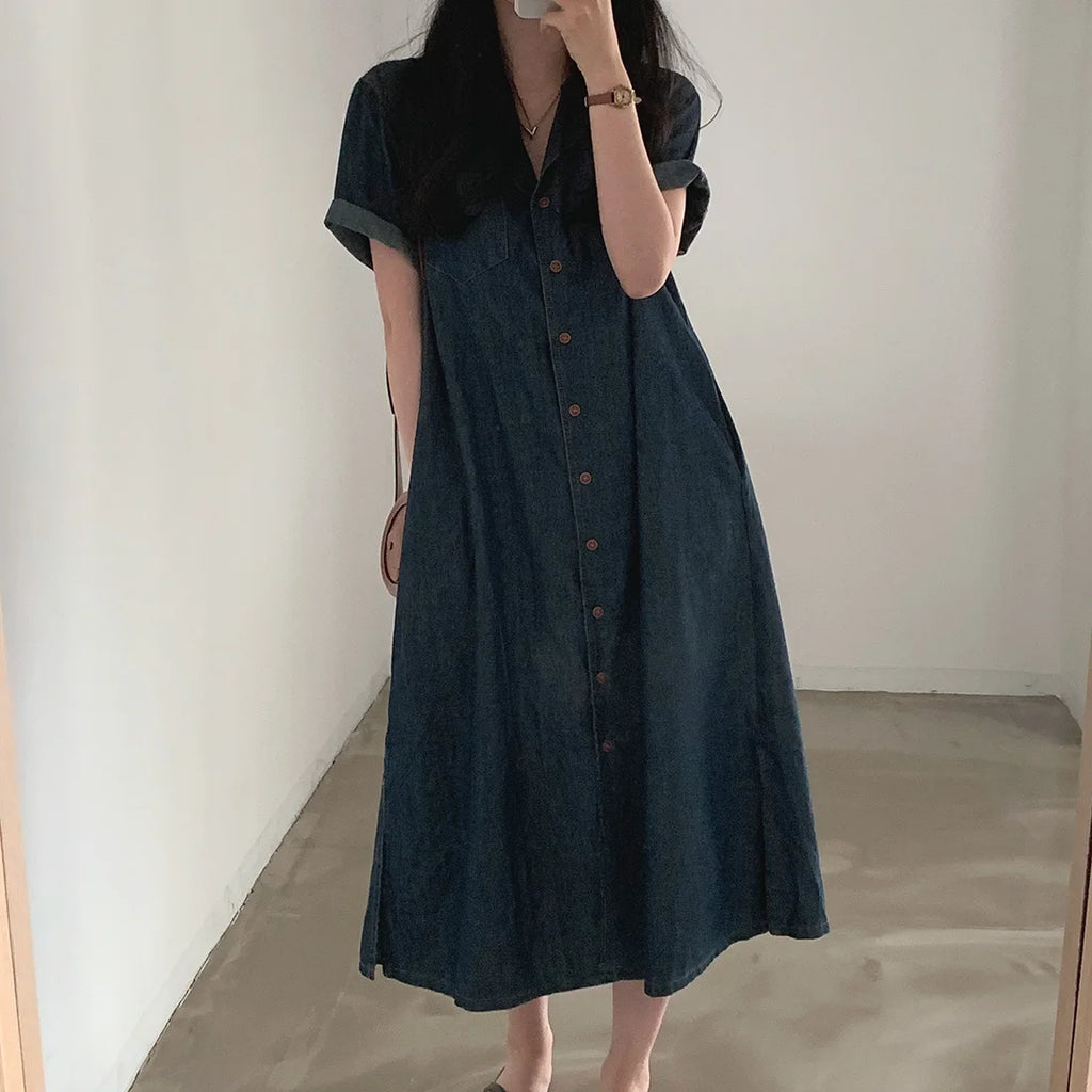 Slimming Chic Retro Chic Long Dr with Belt High Waist A-Line Skirt ort Sve Korean Sle Commute Dr Denim Dr
