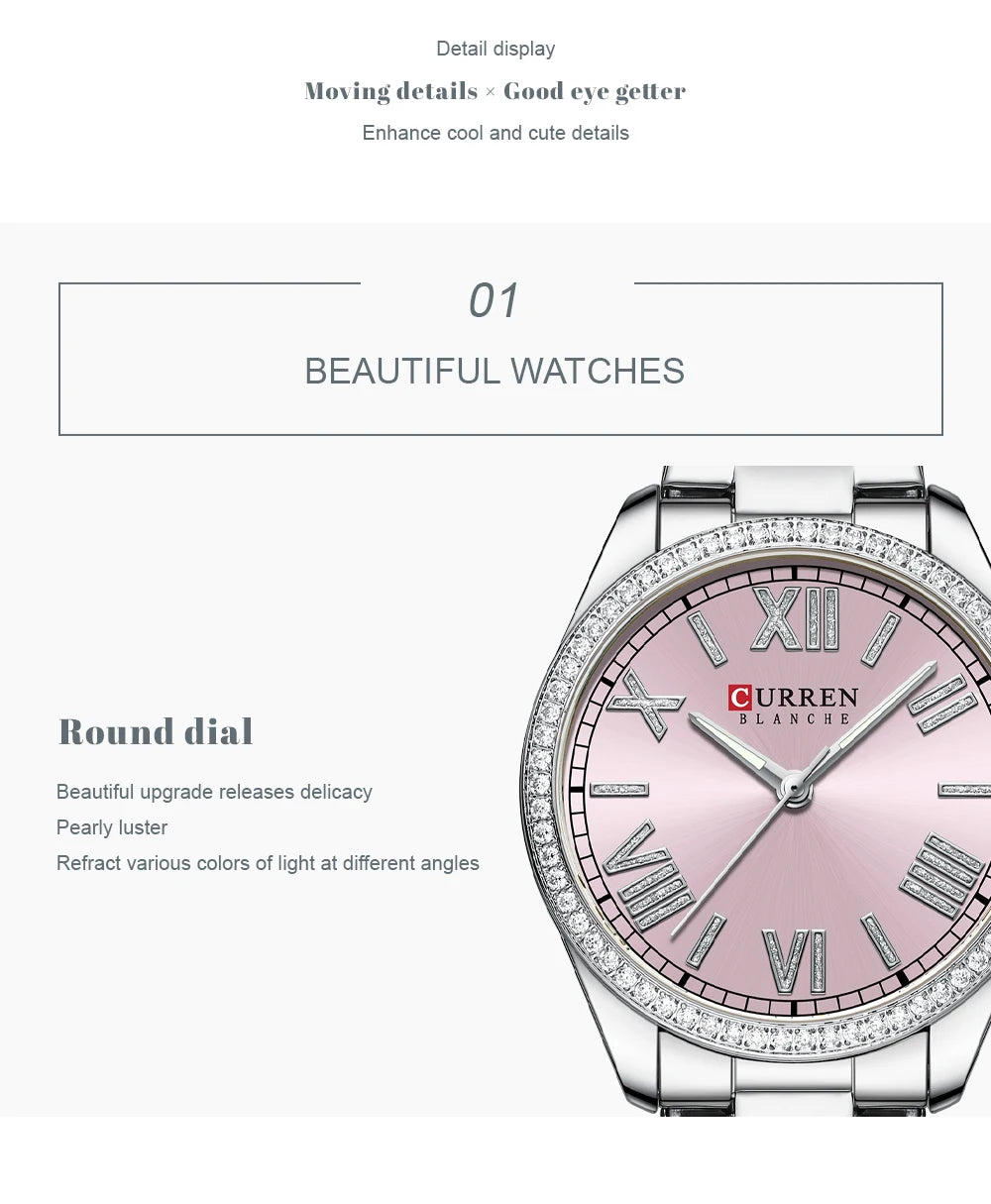 CURREN NEW Luxury Stainless Steel Wristwatches for Ladies Romantic Rose Pink with Rhinestones Roman Numeral Dial