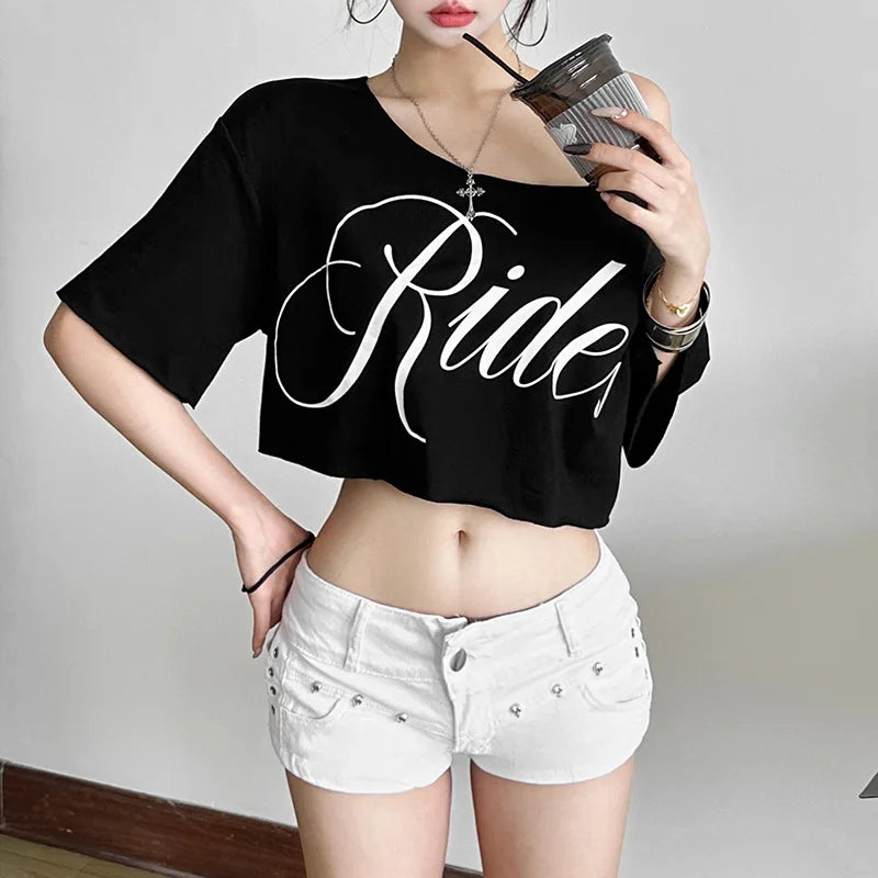 SylCue Letter Print Oversized T-shirt Women Skew Collar Short Sleeves Off Shoulders Irregular Hem Hip-hop Style Trend Crop Tops