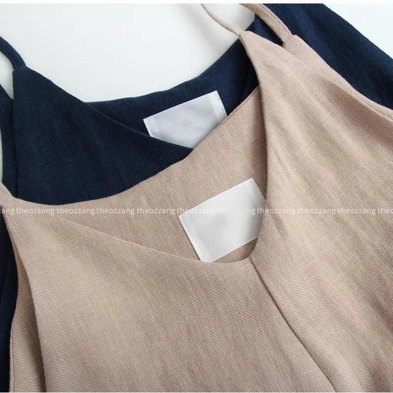 Johnature Summer New Cotton Linen Large Size Women Jumpsuits 2025 Solid Color Spaghetti Strap V-neck Loose Casual Playsuits
