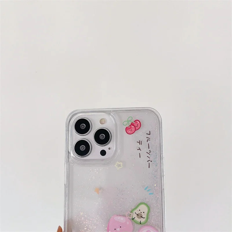 Fruit Floating Icons Quicksand Case for iPhone 16 15 Pro Max Clear Hard Plastic Protective Coque Liquid Sand Cover Phone Housing