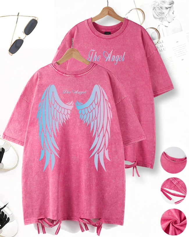 Gradient Wings Design Washed Holes T-Shirt Men Sport Cool Short Sleeve Breathable Cotton O-Neck Top Casual Unisex Loose Clothes