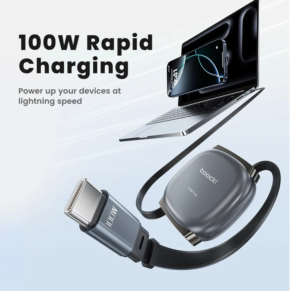 Toocki PD100W USB-C Cable Magnetic Slot Design 7 Adjustable Length 1M Retractable USB C to Type C Cable for iPhone 16 15 AirPods
