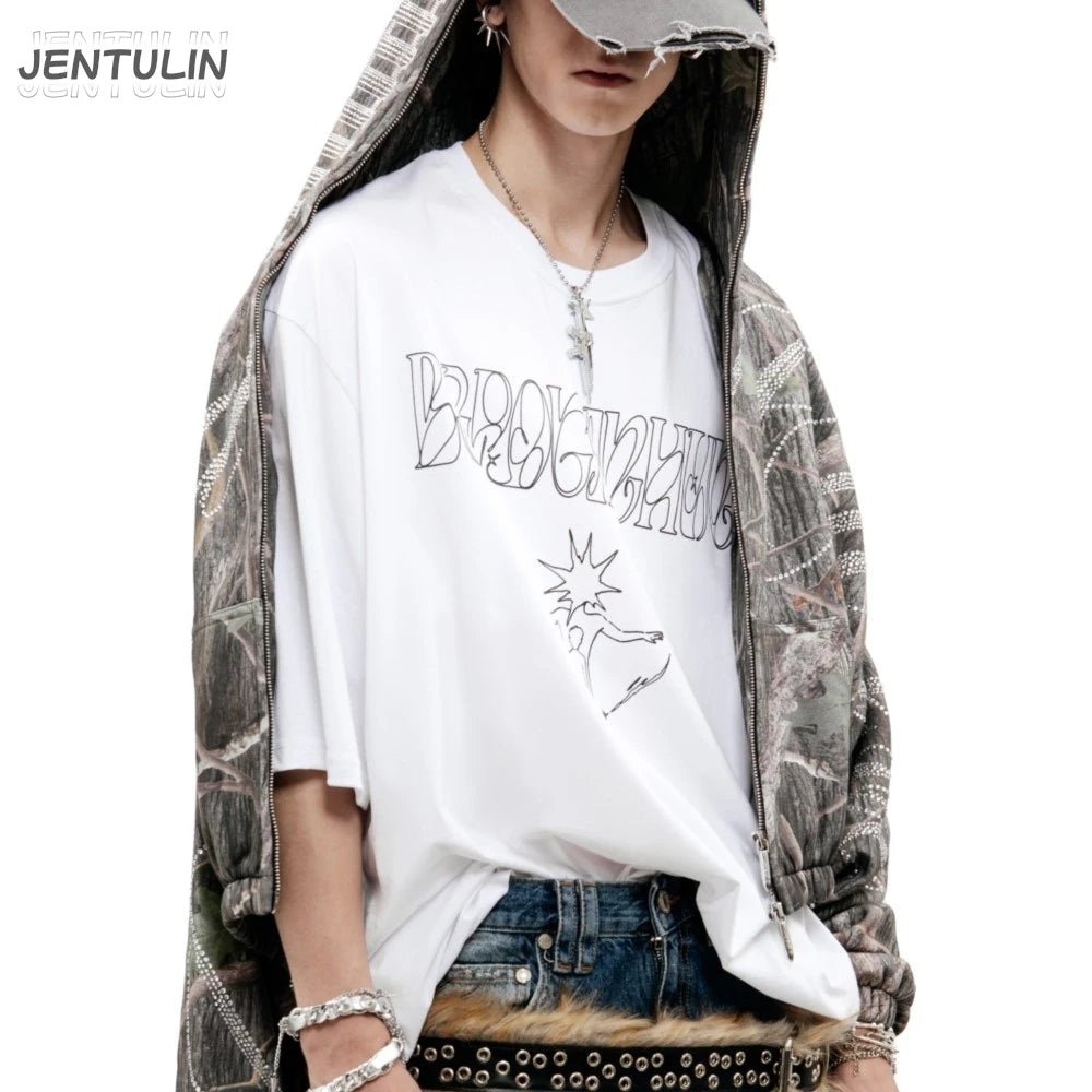 Harajuku Oversized Streetwear Men's Tshirt Growing Up Graphic Print Y2k Short Sleeve Top Tee Hip Hop Korean Cotton Goth Clothing