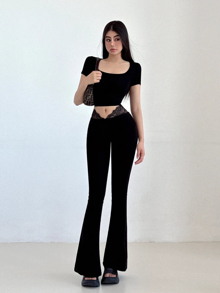 Pure Desire Lace Patchwork V-waist Slim Micro Flared Pants High Waist Slim Thin Long Pants For Summer Women Sweet Women ZRC7