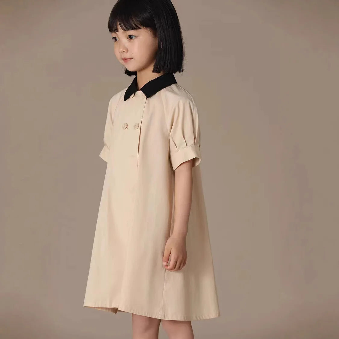 Girls Dress 2025 Spring Summer New Simple Temperament Cotton Contrasting Turn-down Collar Double Breasted Short Sleeved Dress