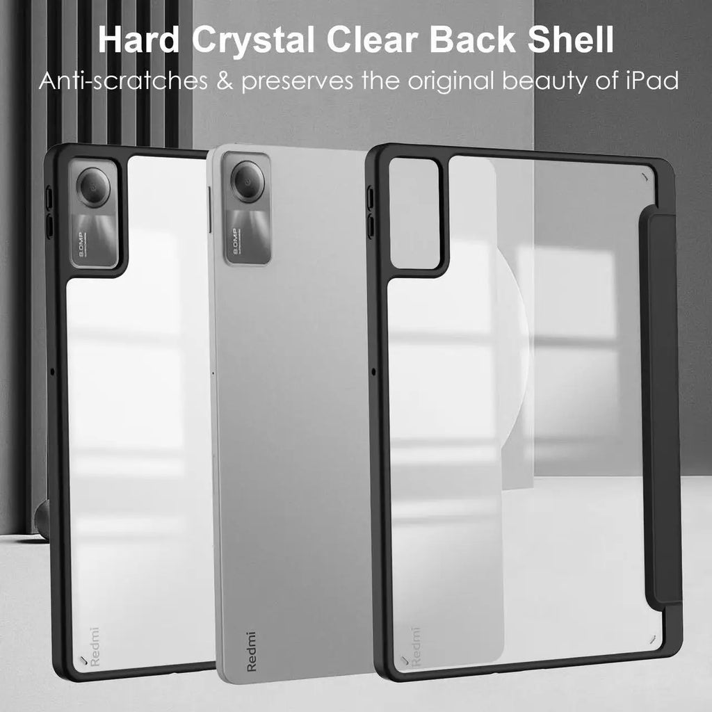 Tri-Folding Flip Tablet Cover For Xiaomi Redmi Pad SE 11 inch 2023 Acylic Transparent Back Case Pencil Holder Auto Sleep/Wake