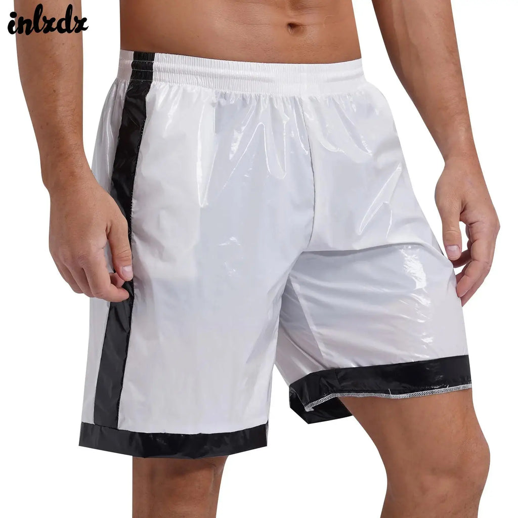 Swimwear Mens Swimming Trunks Wet Look Boxer Shorts Drawstring Elastic Waist Pockets Stripes Beach Sports Shorts Pajamas Costume