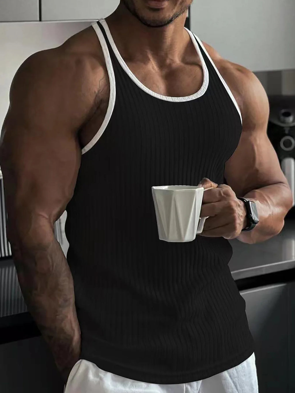 Summer Knitted Vertical Stripe Fitness Slim Vest for Men, Color-blocked Tank Top