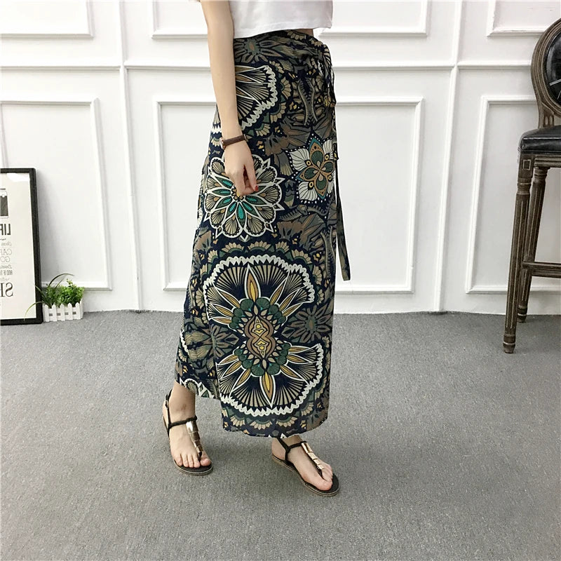 Vacation Style Wrap Skirt Beachside Long Skirt Women's High Waist A-Line Midi Skirt Floral Print One-Piece Summer Spring