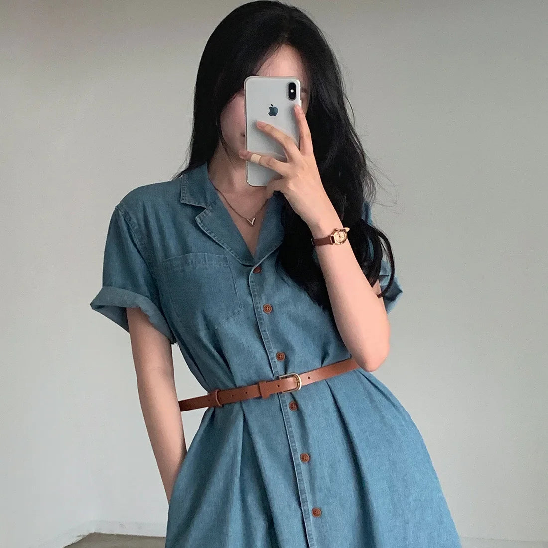 Slimming Chic Retro Chic Long Dr with Belt High Waist A-Line Skirt ort Sve Korean Sle Commute Dr Denim Dr