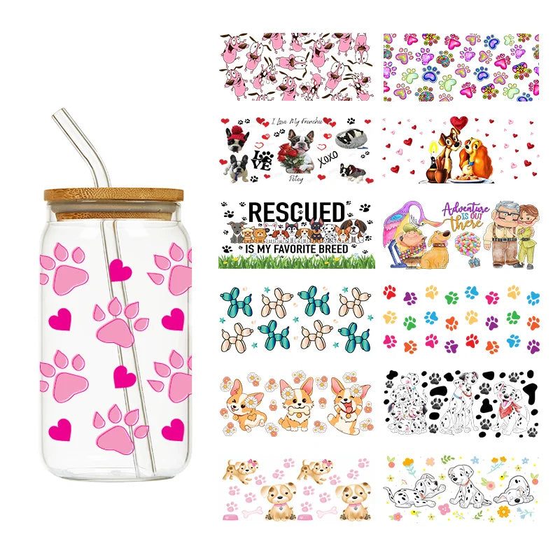 1PCS Cartoon Cute Dog Design UV Transfer Sticker For 16oz Cup Wrap Custom Label DIY Logo Self Adhesive Dog Uv Dtf Stickers