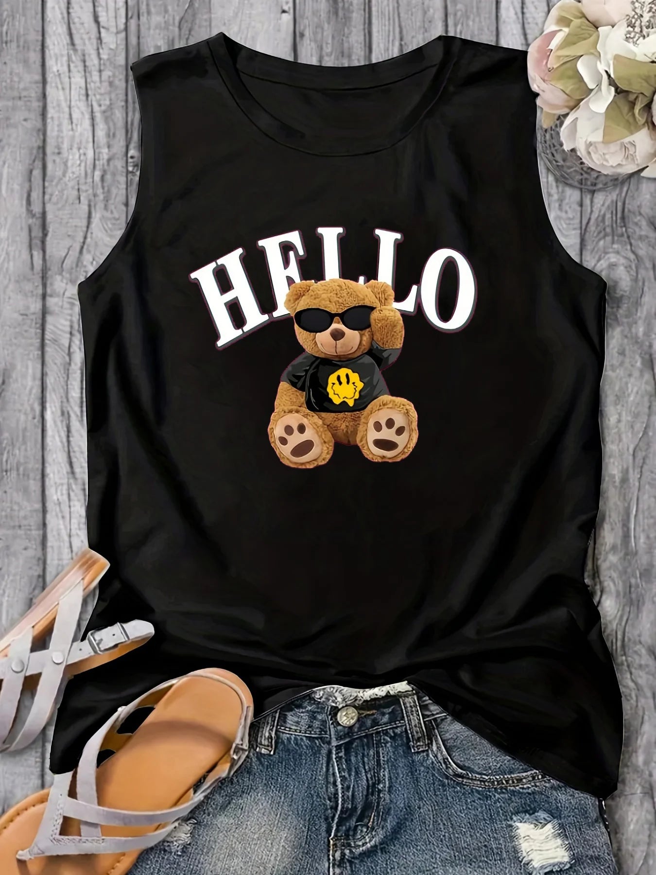 Women's Summer HELLO BEAR Crew Neck Breathable cartoon Print Large Casual Round Neck Sleeveless Loose Tank Top T-shirt
