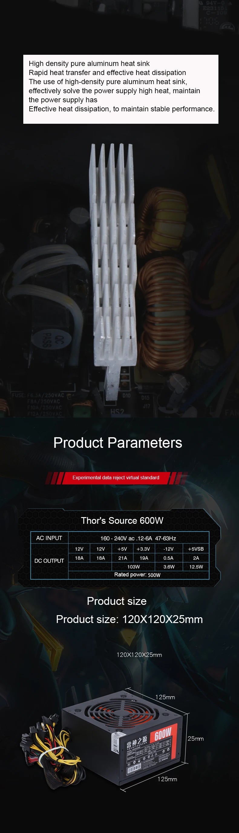Thor Source ATX-650W Desktop Computer Power Supply Rated Dual CPU Stable PC Host Power Supply