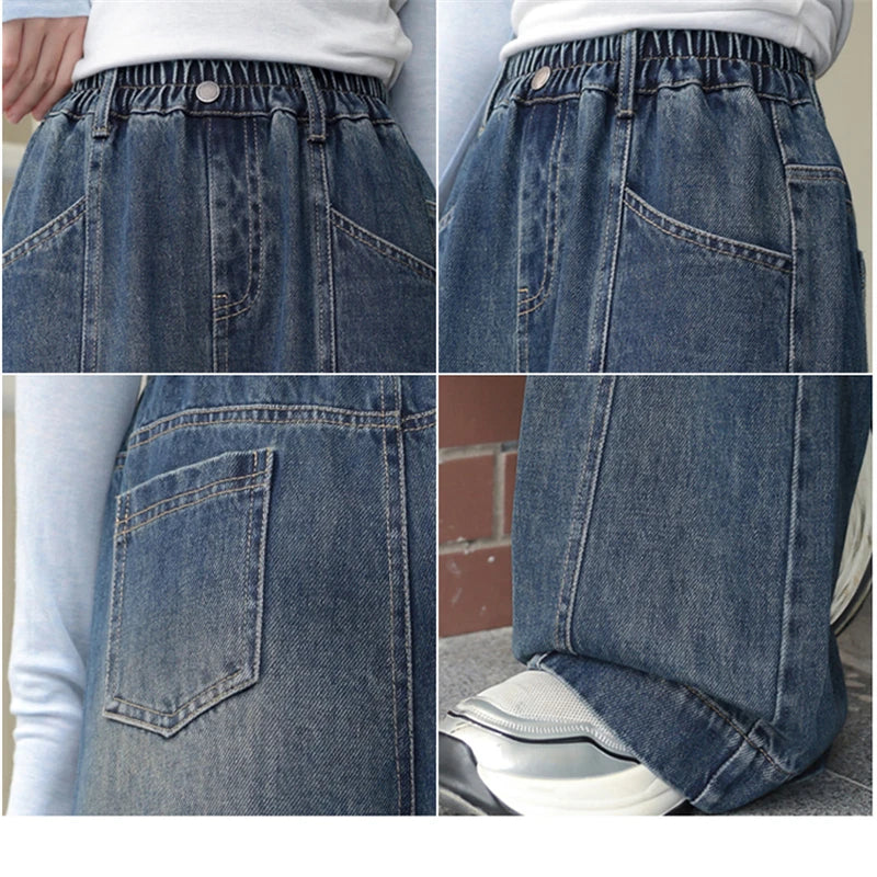 Teenager Girl Blue Jeans Fashion Retro Straight Leg Children Trousers Youth Lady Baggy Vintage Wash Casual Denim Pants Age 8-16Y