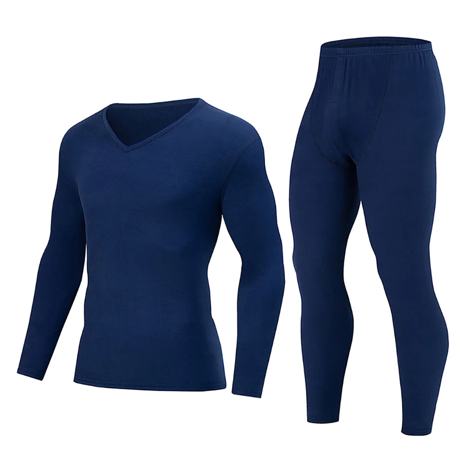 2-piece Men's Autumn And Winter Solid Color Casual V-neck Basic Warm Underwear Set Comfortable Sports And Fitness Base Shirt