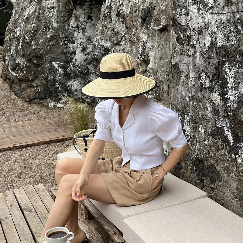 Wide-Brimmed Black-Trimmed Straw Hats for Women Summer Vintage French Elegant Hepburn Wide-Brimmed Woven Beach Caps Casquette