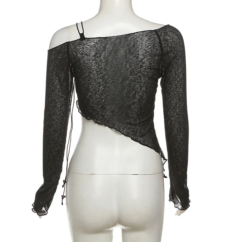 Asymmetrical T Shirts For Women Y2k Clothes Off Shoulder Sexy Streetwear Long Sleeve Crop Top Lace-up Camisetas Ropa De Mujer