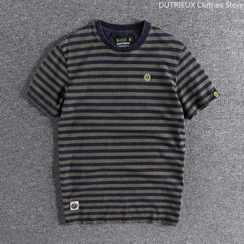 Retro and Aged Casual Short-sleeved T-shirt, High-quality Men's Striped Cotton T-shirt, Sweat-absorbing & Breathable Sports Top