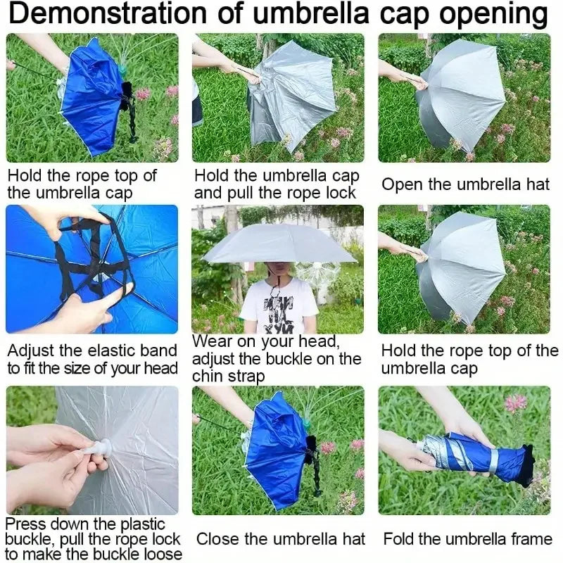 Rain Umbrella Hat Foldable Sun Shade Waterproof Fishing Headwear Cap Beach Head Hats Double-Layer UV Protection Sunscreen