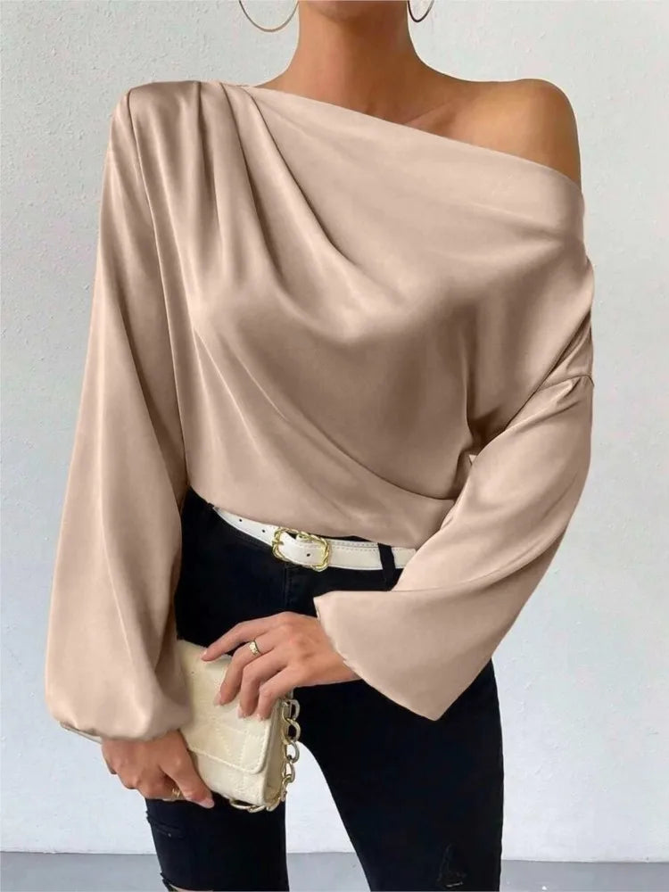2025 Ladies Tops Women's Shirts & Blouses Long Sleeve  Sexy Solid Color One-Shoulder Elegant Blouses Foreign Style Blusas