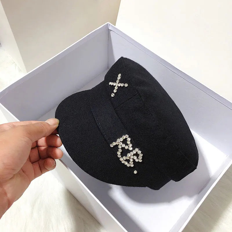 Designer Brand Wool Newsboy caps Women Diamond Letter Flat Top Cap Solid Color Militray Hat Fashion Streetwear Navy Hat