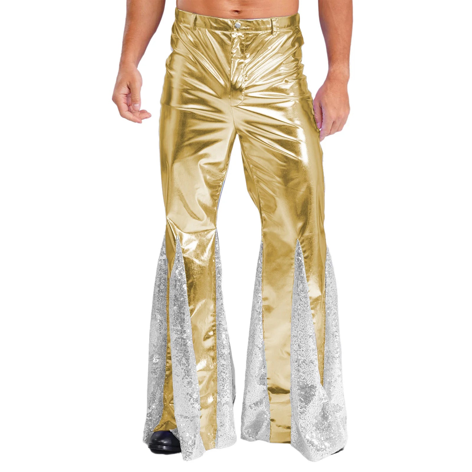Mens Shiny Metallic 70s Disco Pants Hippie Vintage Costume Dance Party Sequins Bell Bottoms Stage Performance Flared Pants